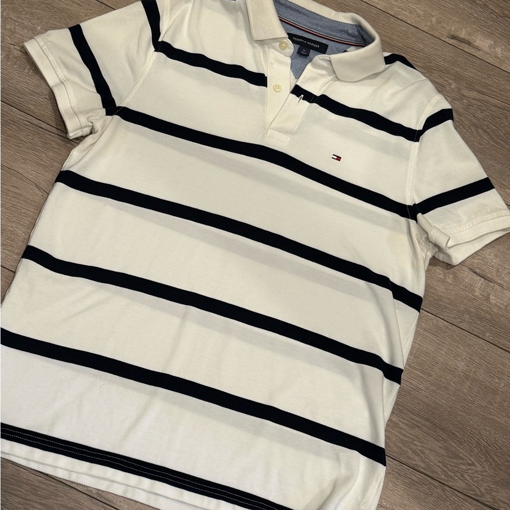 Tommy Hilfiger White and Black Striped Polo Shirt